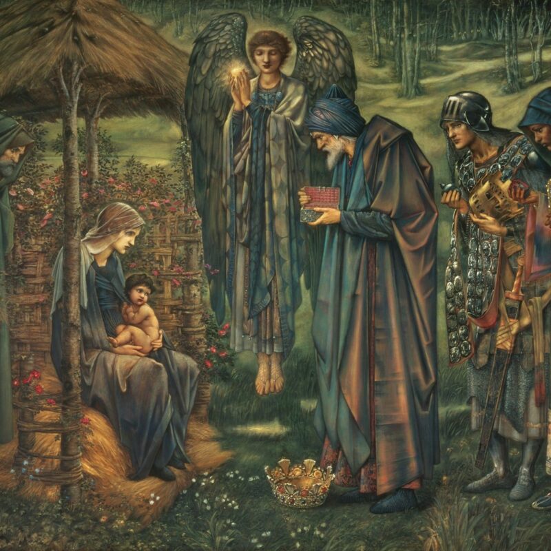 birth of Jesus Christ with three kings and angel painting